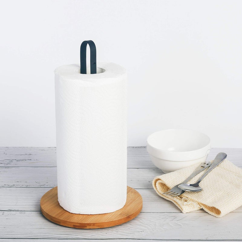 TIEYIPIN Paper Towel Holder, Countertop Roll Stand with Anti-Skid Wooden Bamboo Base for Kitchen, Cabinet, Table - Image 2
